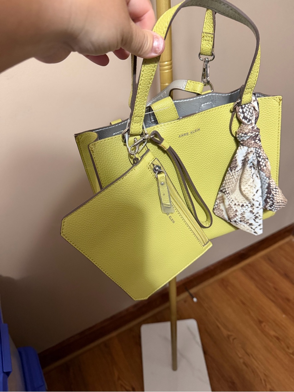 Anne Klein Lemon Yellow Pebbled Tote with Scarf Accent and Wristlet